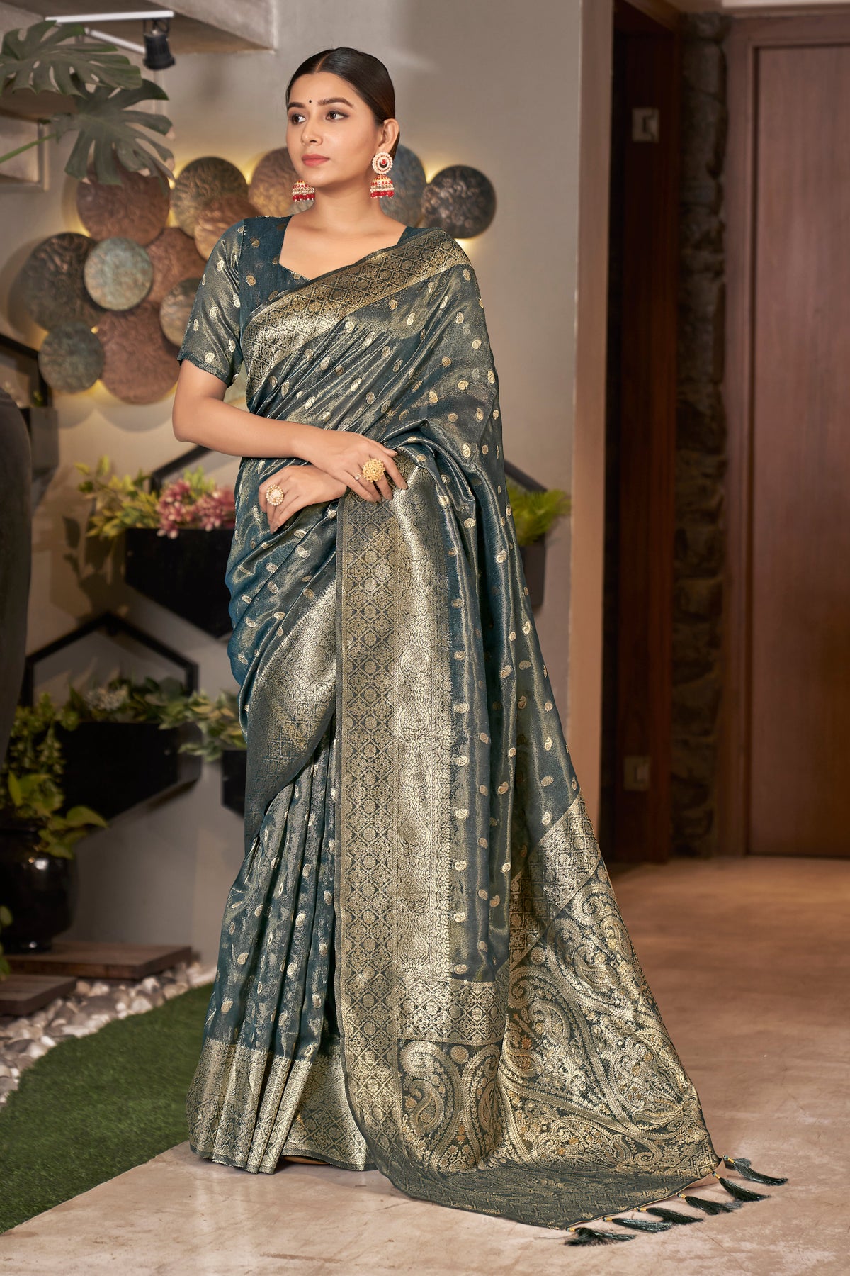 Grey Color Weaving Zari Work Classic Saree For Festival Clothsvilla Main image