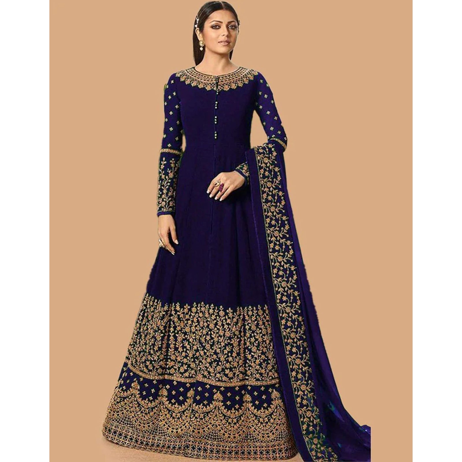 Blue Designer Georgette Gown with Heavy Embroidery Work ClothsVilla