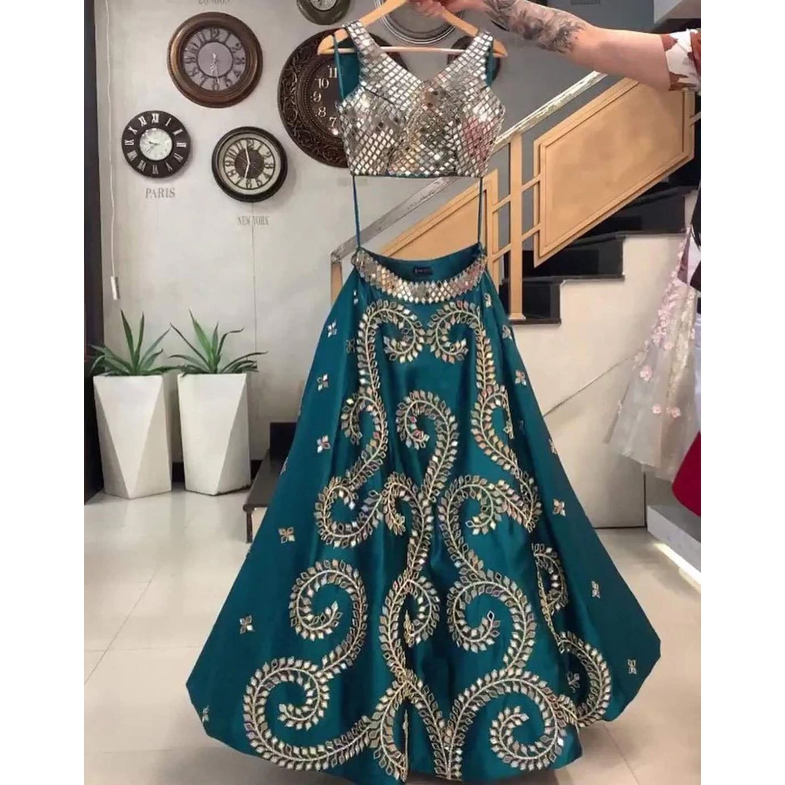 Blue Lehenga Choli in Tafeta Silk with Embroidery and Mirror Work ClothsVilla