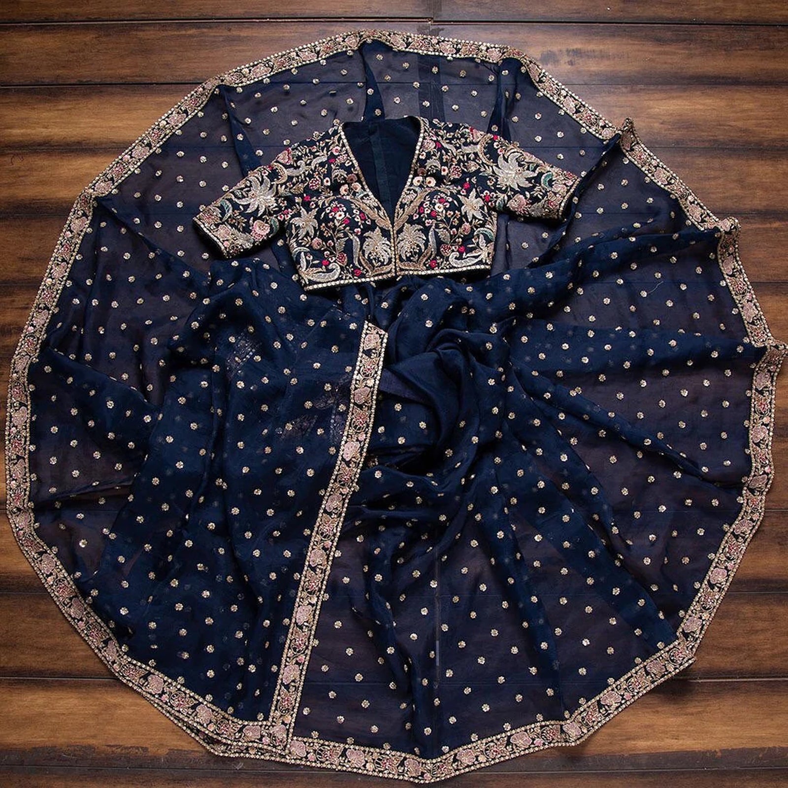 Blue Organza Saree with Heavy Embroidery work and Sequins Work ClothsVilla