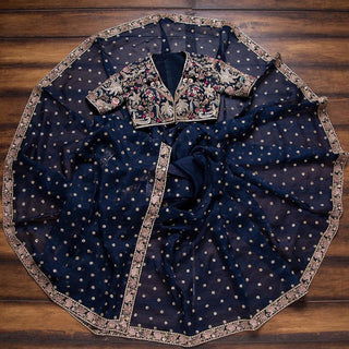 Blue Organza Saree with Heavy Embroidery work and Sequins Work ClothsVilla