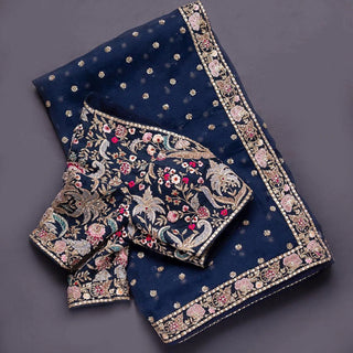 Blue Organza Saree with Heavy Embroidery work and Sequins Work ClothsVilla