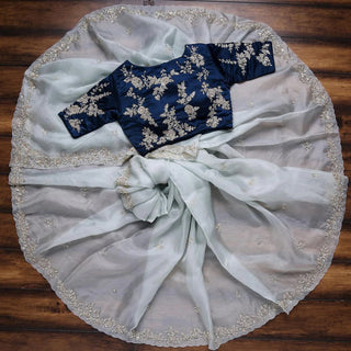 Blue Organza Saree with Heavy Embroidery work and Unstitched Blouse ClothsVilla