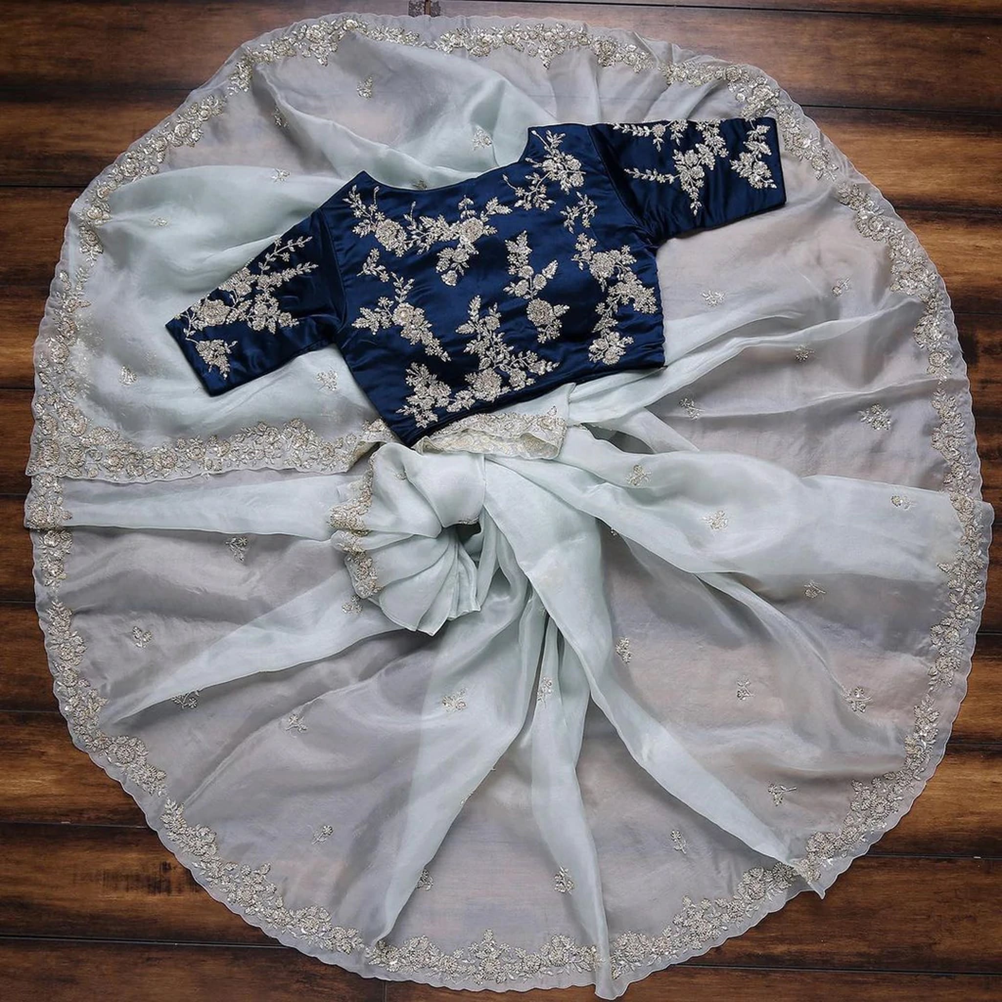 Blue Organza Saree with Heavy Embroidery work and Unstitched Blouse ClothsVilla
