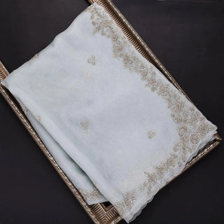 Blue Organza Saree with Heavy Embroidery work and Unstitched Blouse ClothsVilla