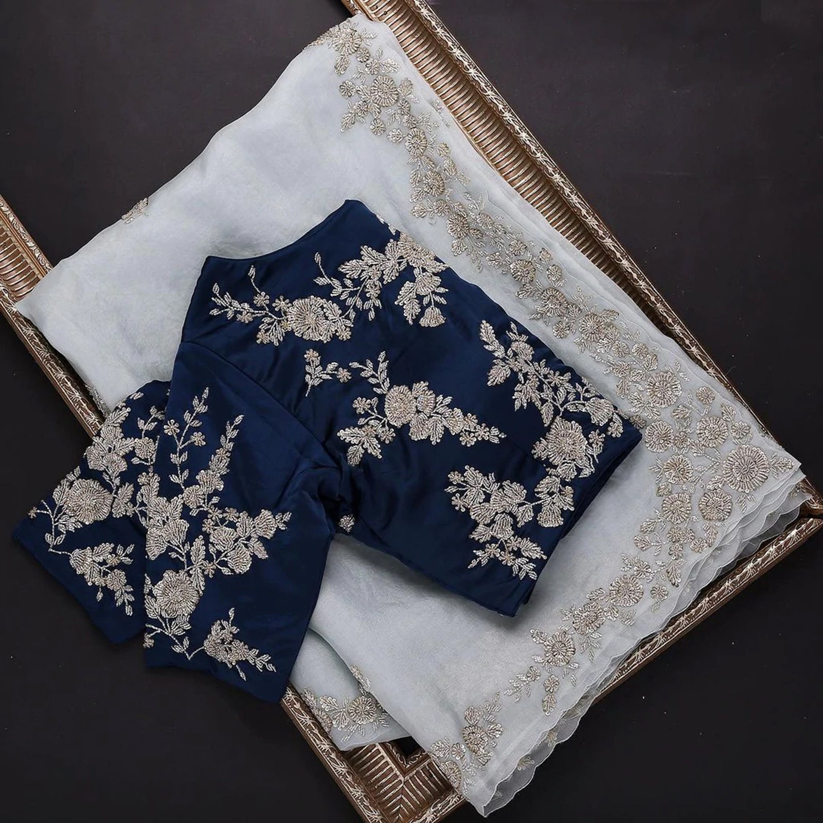 Blue Organza Saree with Heavy Embroidery work and Unstitched Blouse ClothsVilla