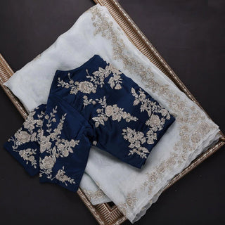 Blue Organza Saree with Heavy Embroidery work and Unstitched Blouse ClothsVilla