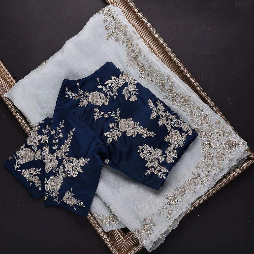Blue Organza Saree with Heavy Embroidery work and Unstitched Blouse ClothsVilla