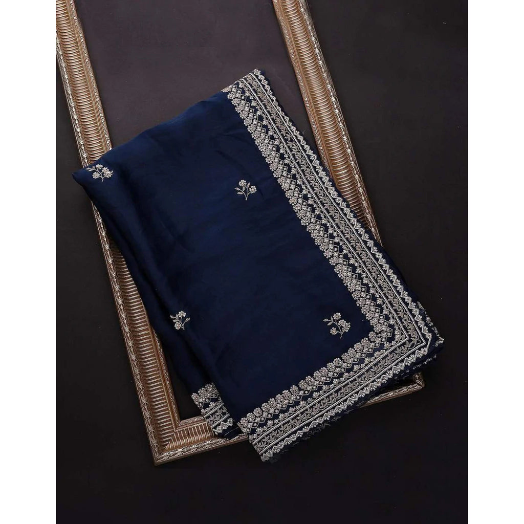 Blue Organza Silk Saree with Grey Blouse and Heavy Embroidery Work ClothsVilla