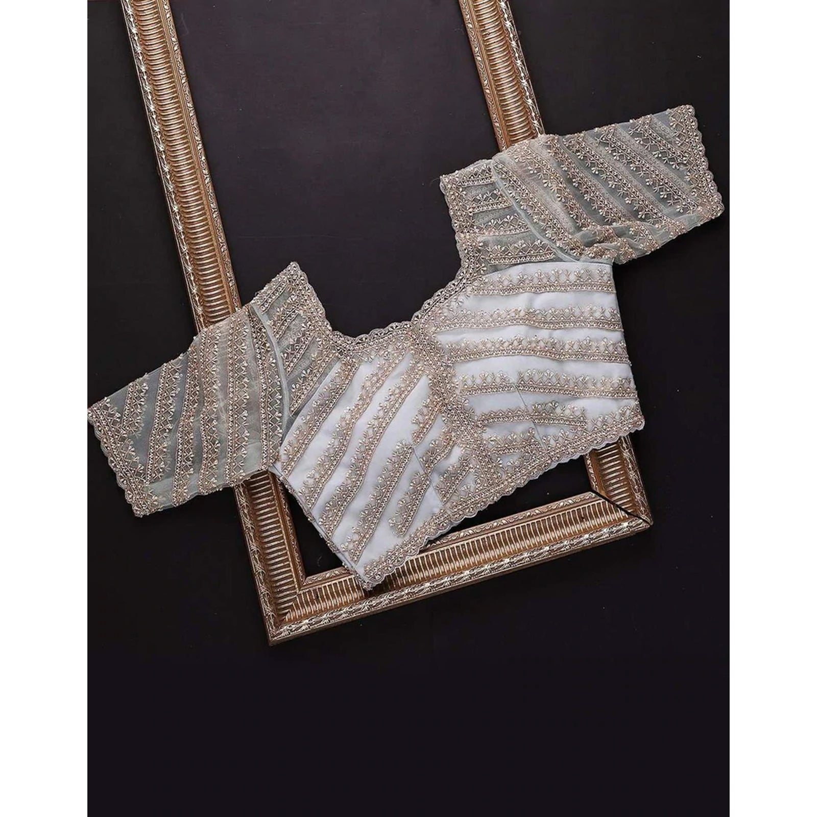 Blue Organza Silk Saree with Grey Blouse and Heavy Embroidery Work ClothsVilla
