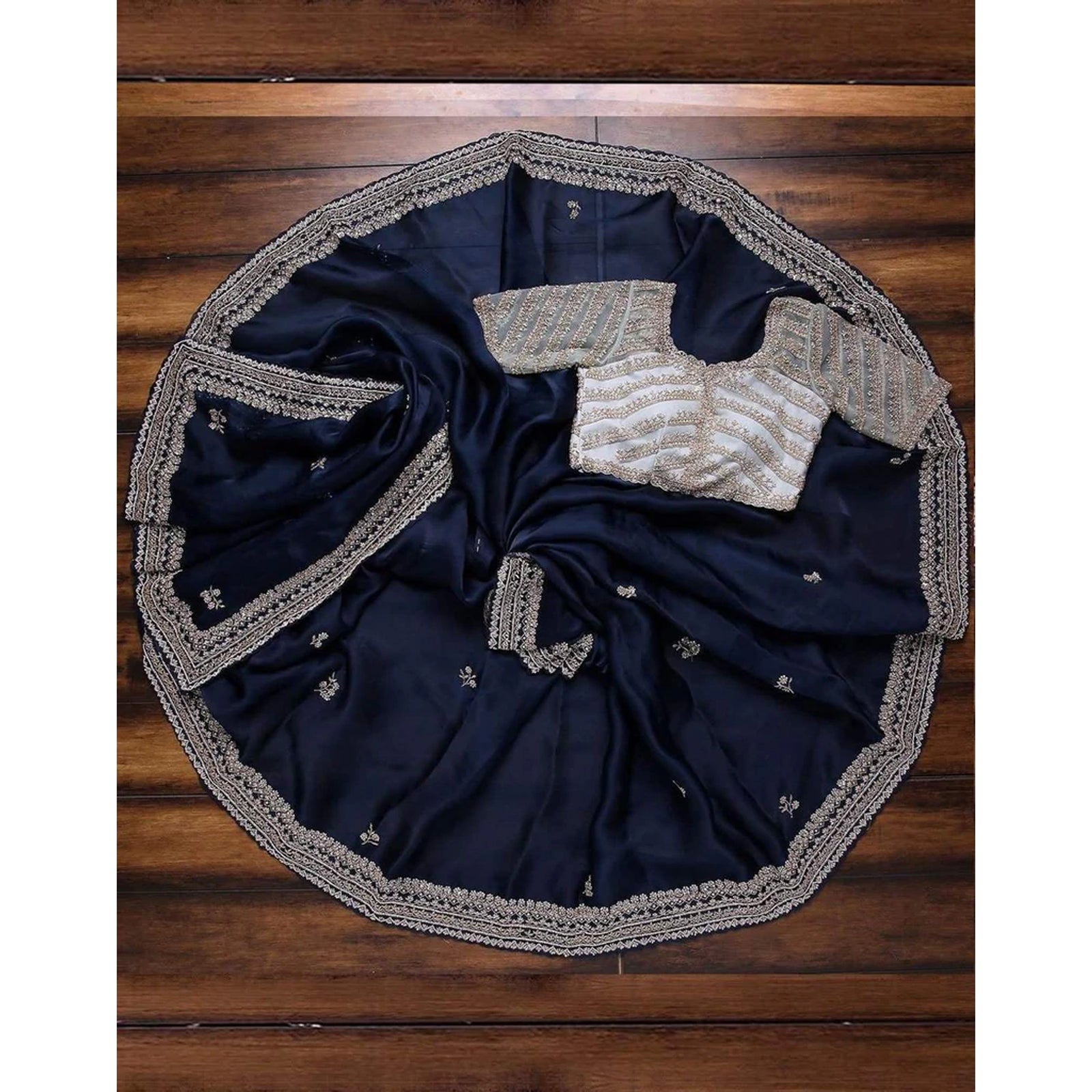 Blue Organza Silk Saree with Grey Blouse and Heavy Embroidery Work ClothsVilla