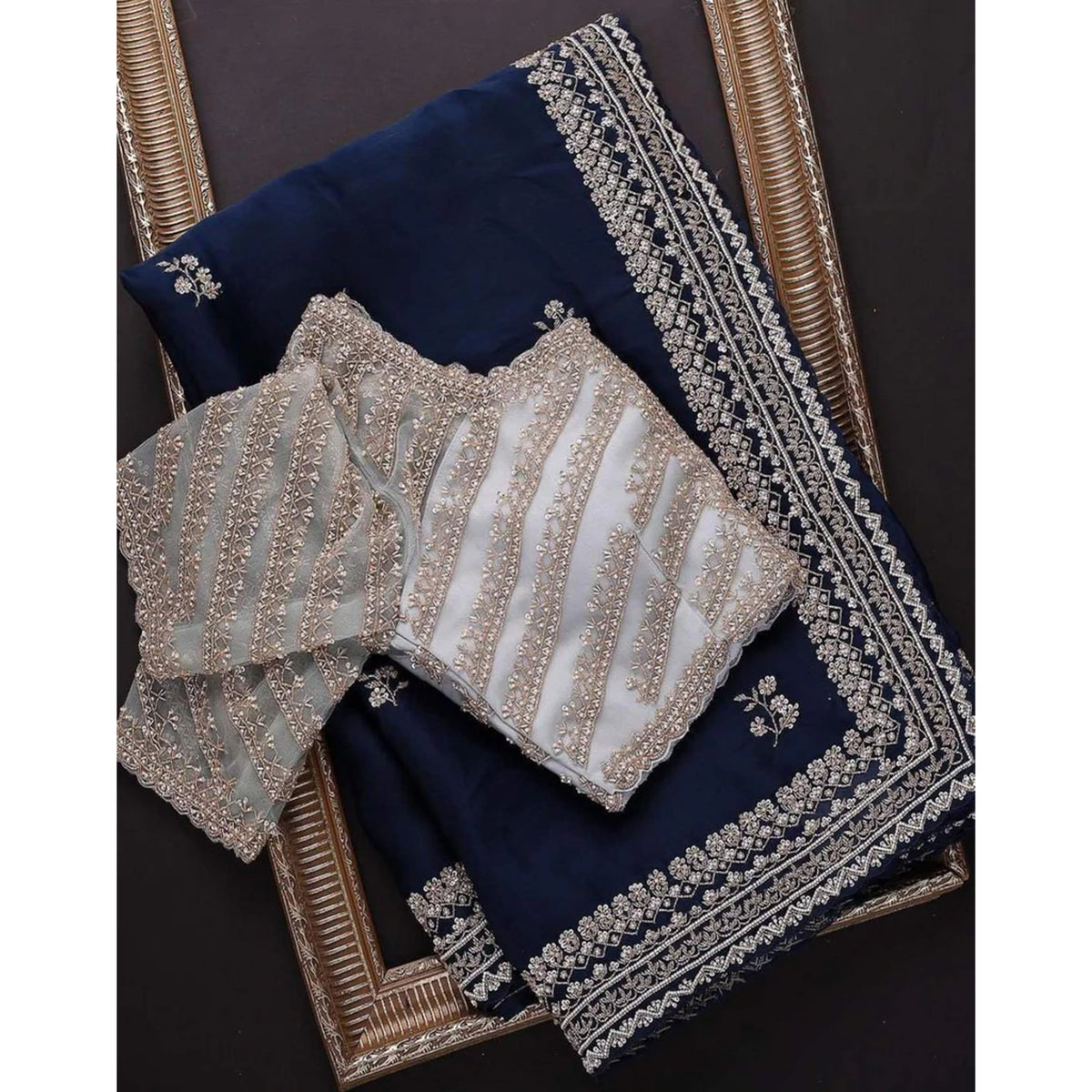 Blue Organza Silk Saree with Grey Blouse and Heavy Embroidery Work ClothsVilla Main image