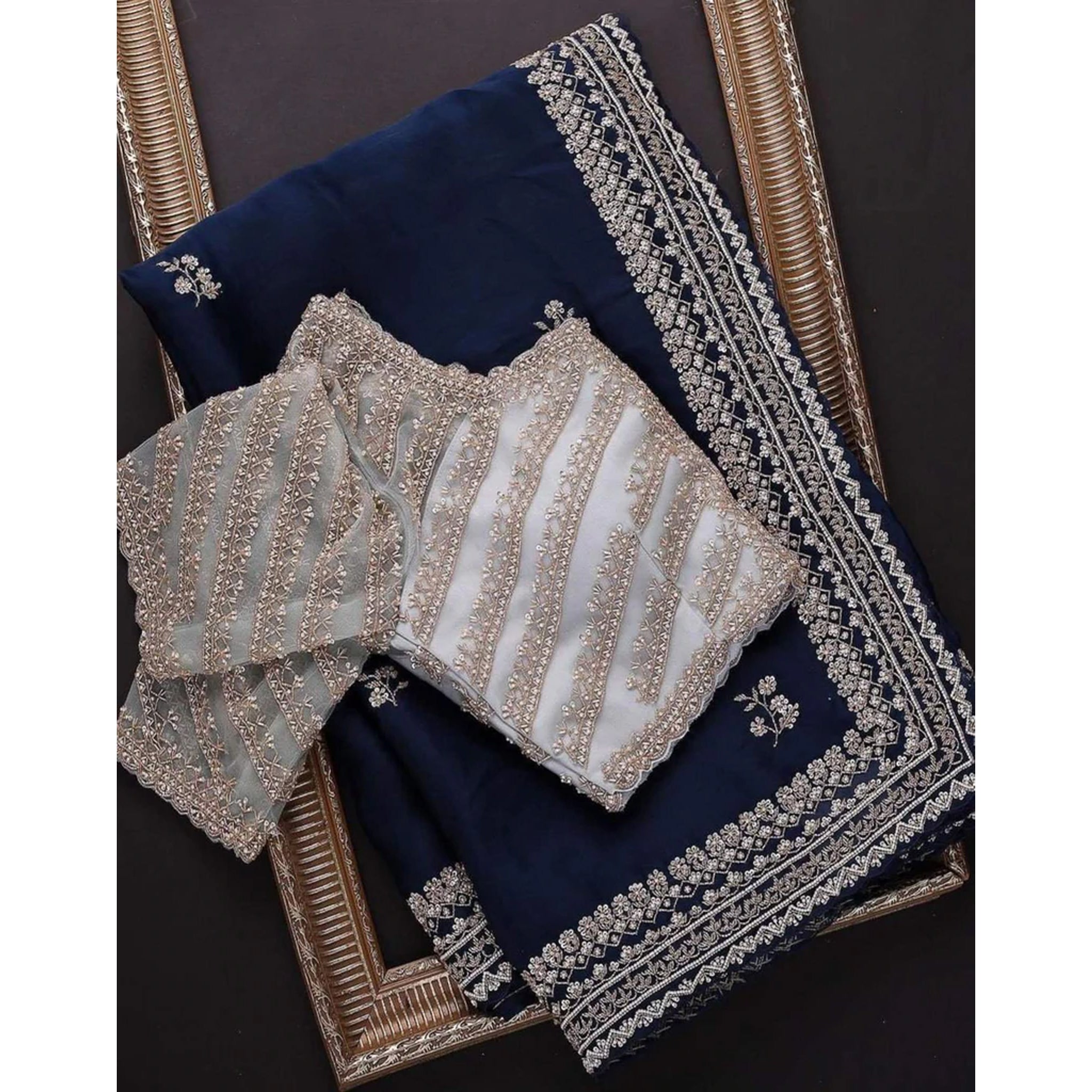 Blue Organza Silk Saree with Grey Blouse and Heavy Embroidery Work ClothsVilla Main image