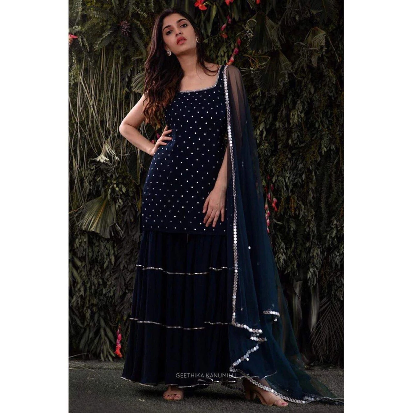 Blue Sharara set In Georgette with Mukesh Work Dupatta ClothsVilla