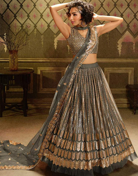 Lehenga Choli in Grey Color and Net with Heavy Sequence Work ClothsVilla Main image