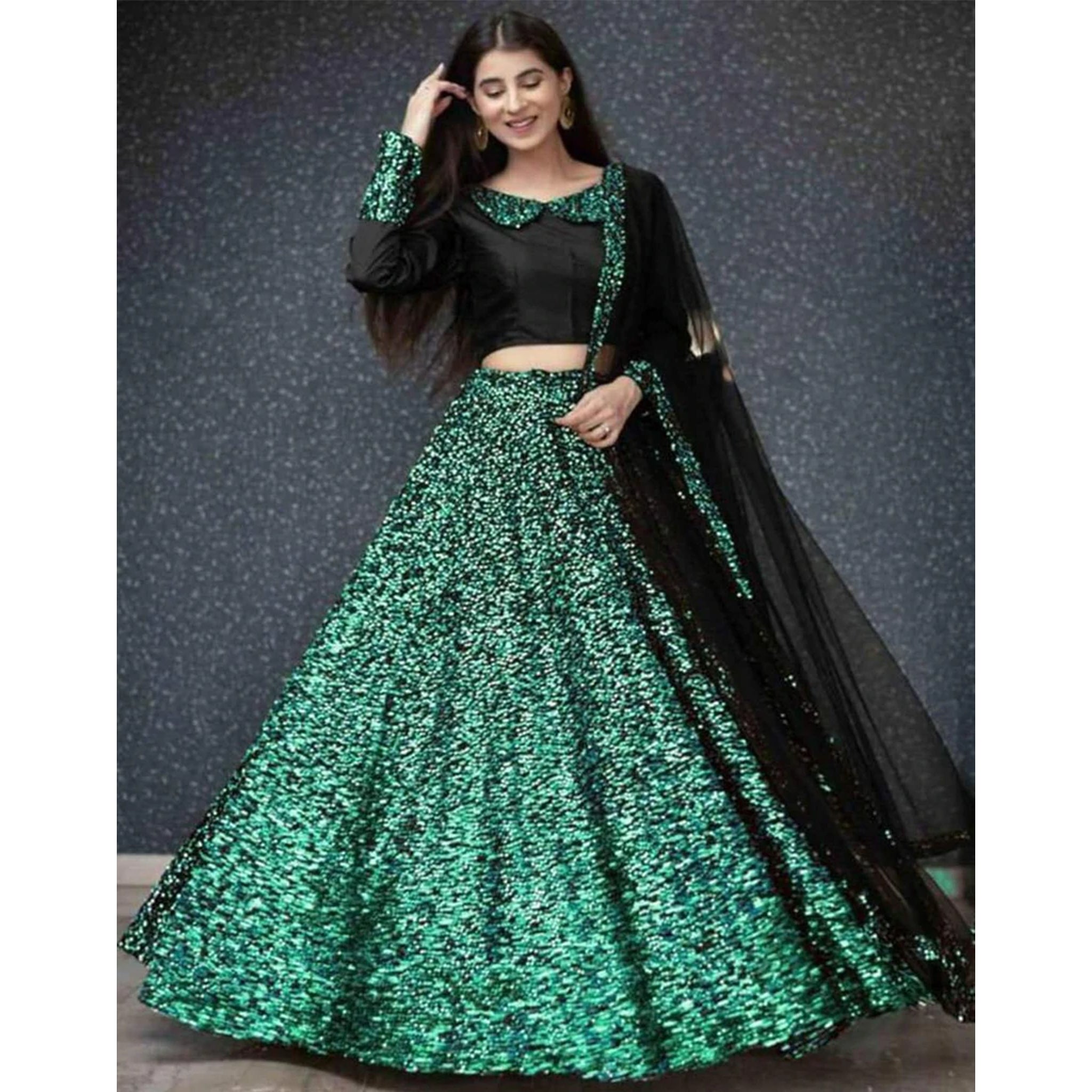 Bottle Green Colored Heavy Sequence Lehenga Choli with Dupatta ClothsVilla Main image