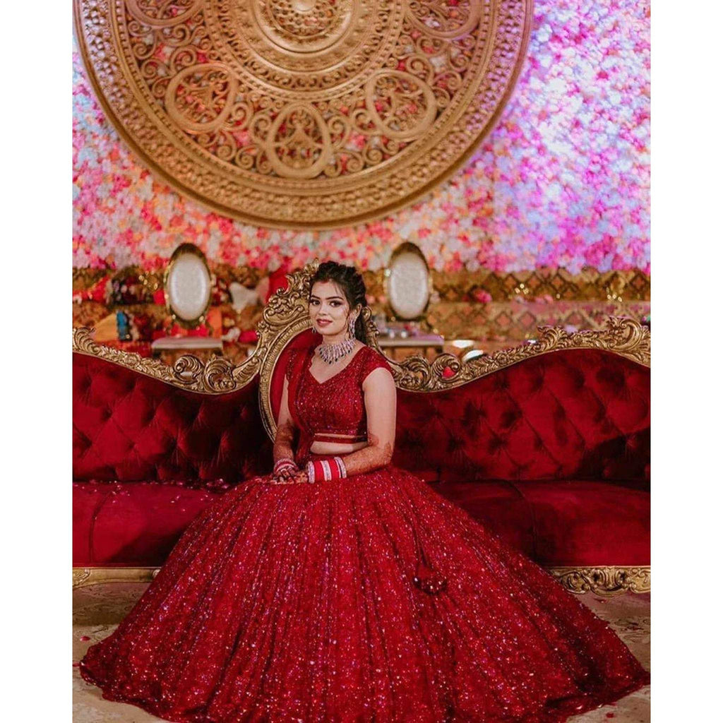 Bridal Red Lehenga Choli in Silk and Embroidery Sequence Work ClothsVilla