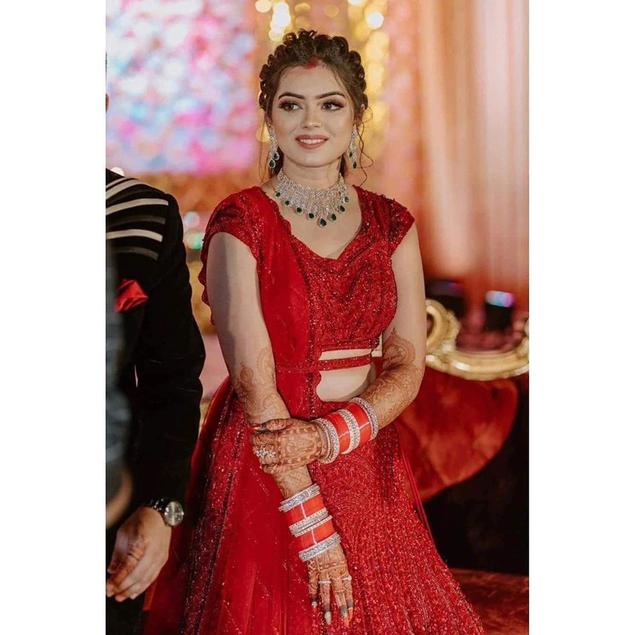 Bridal Red Lehenga Choli in Silk and Embroidery Sequence Work Secondary image