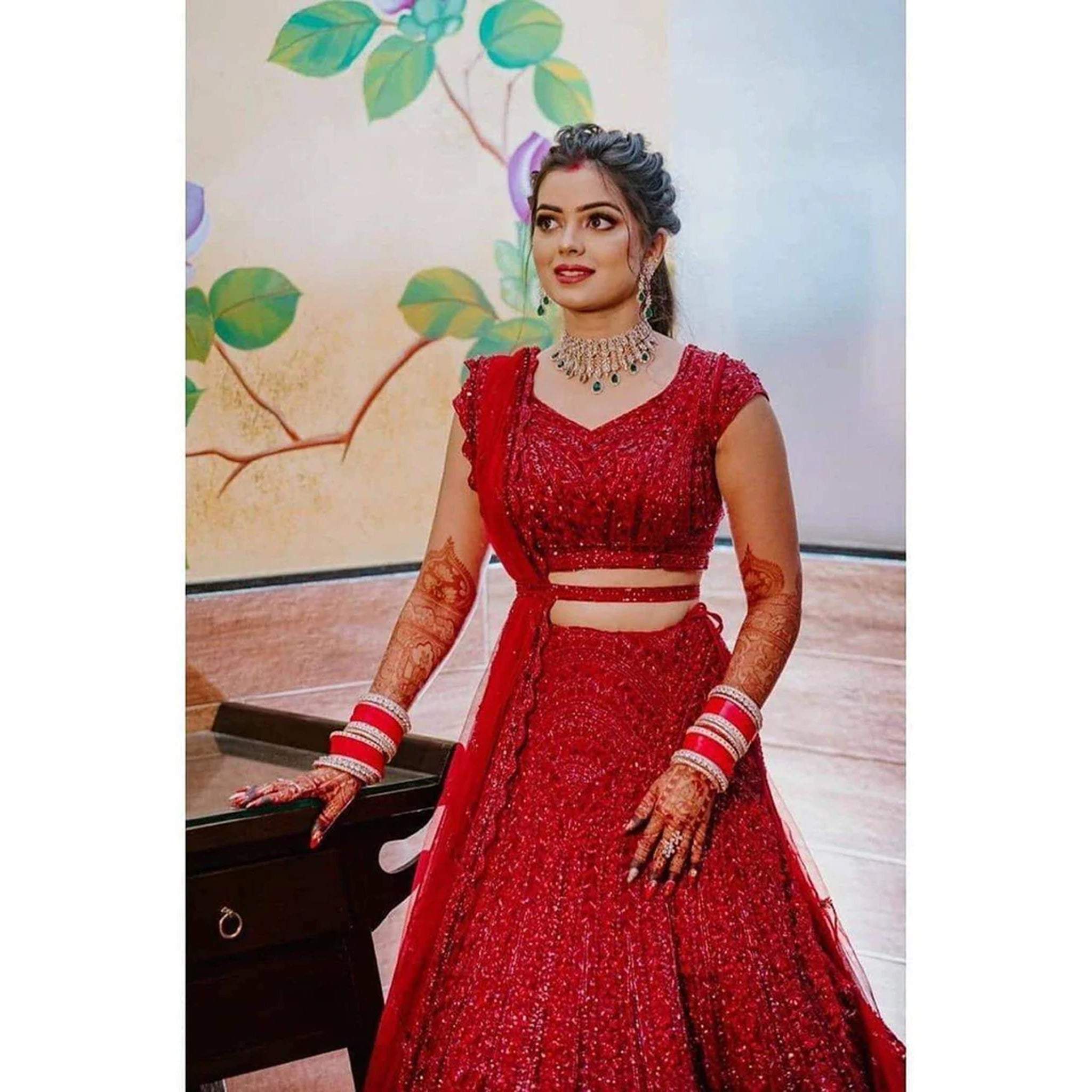 Bridal Red Lehenga Choli in Silk and Embroidery Sequence Work ClothsVilla