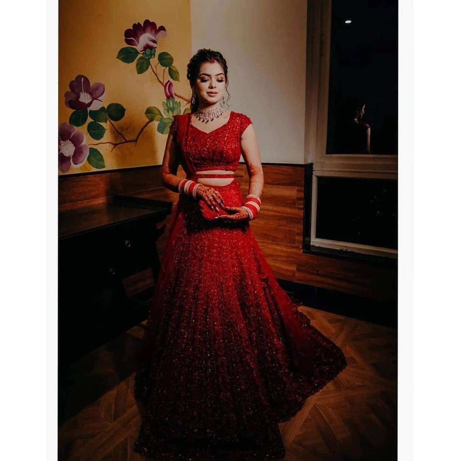 Bridal Red Lehenga Choli in Silk and Embroidery Sequence Work ClothsVilla