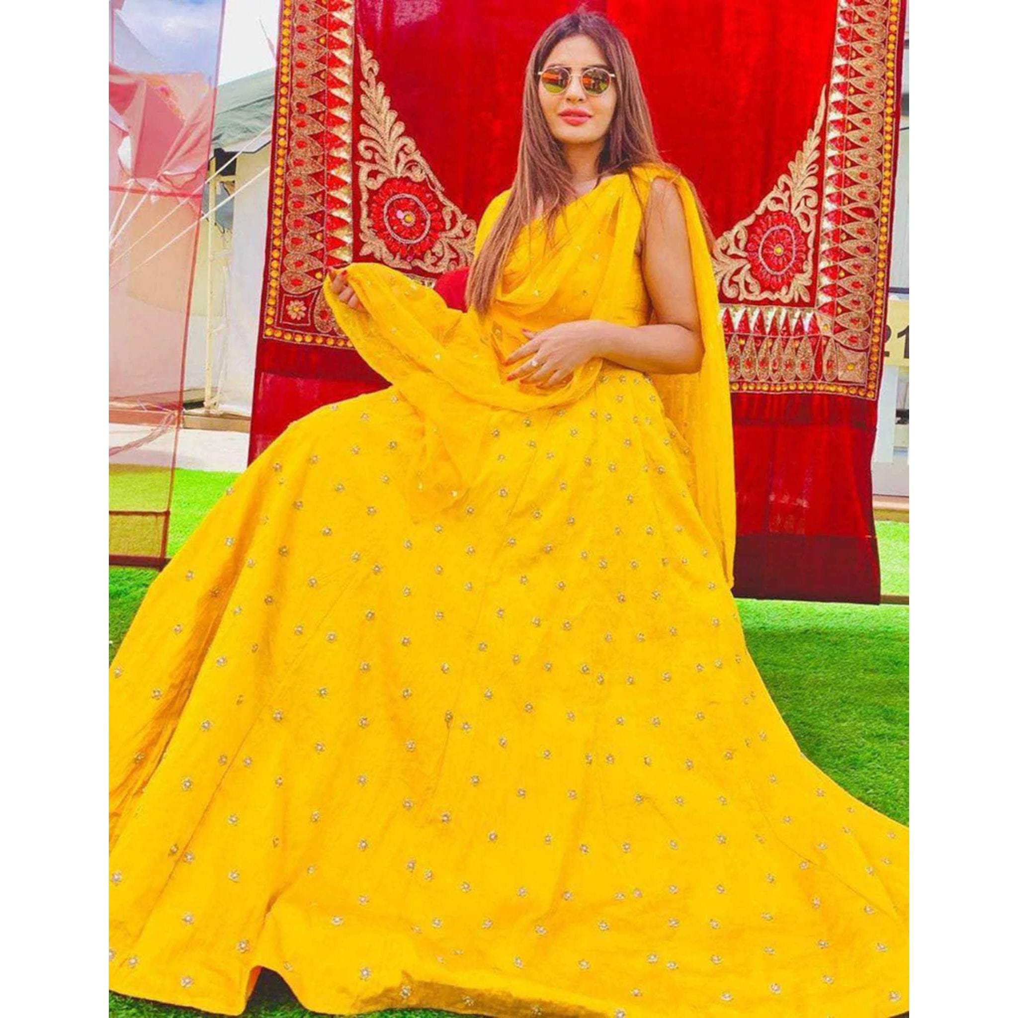 Bright Yellow Lehenga Choli with Bangalore Silk Fabrics and Pearl Work Dupatta ClothsVilla