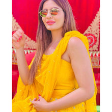 Load image into Gallery viewer, Bright Yellow Lehenga Choli with Bangalore Silk Fabrics and Pearl Work Dupatta ClothsVilla