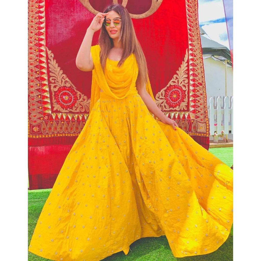 Bright Yellow Lehenga Choli with Bangalore Silk Fabrics and Pearl Work Dupatta ClothsVilla