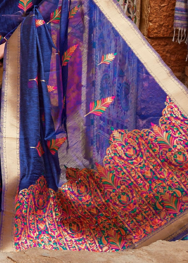 Berry Blue Linen Silk Saree with Colorful Weaving work Clothsvilla