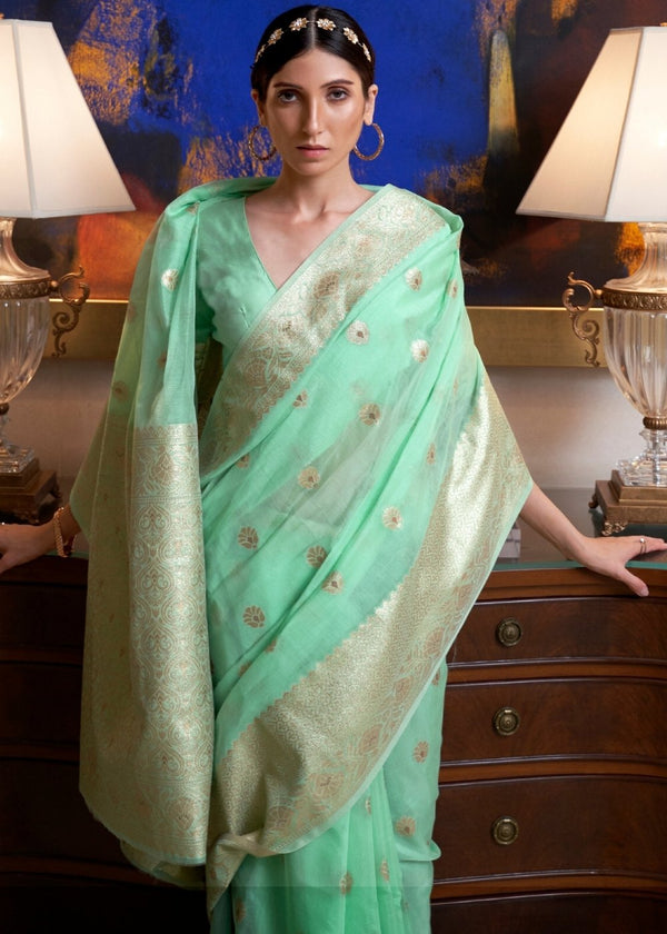 Mint Green Banarasi-Chanderi Fusion Woven Silk Saree Clothsvilla
