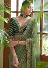 Load image into Gallery viewer, Olive Green Organza Saree with Dori, Sequins &amp; Zari work : Top Pick Clothsvilla