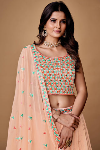Peach Thread Work Georgette Reception Wear Lehenga Choli Clothsvilla