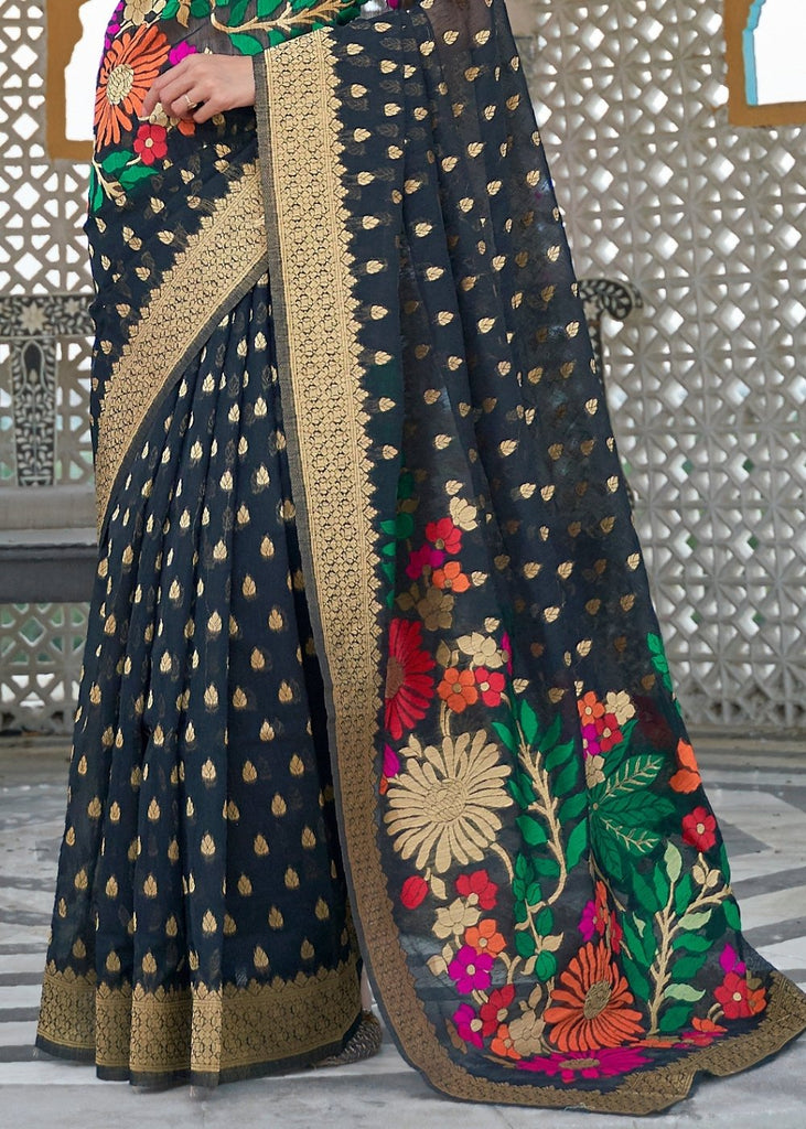 Onyx Black Floral Embroidered Linen Silk Saree Clothsvilla