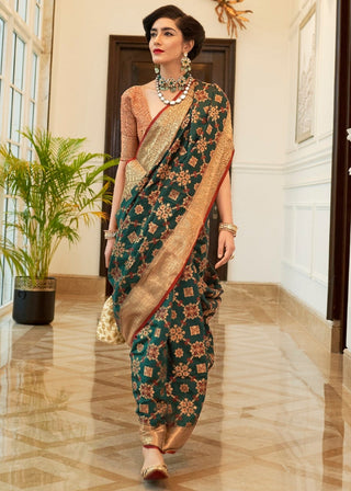 Dark Green Patola Silk Saree with Golden Border : Top Pick Clothsvilla