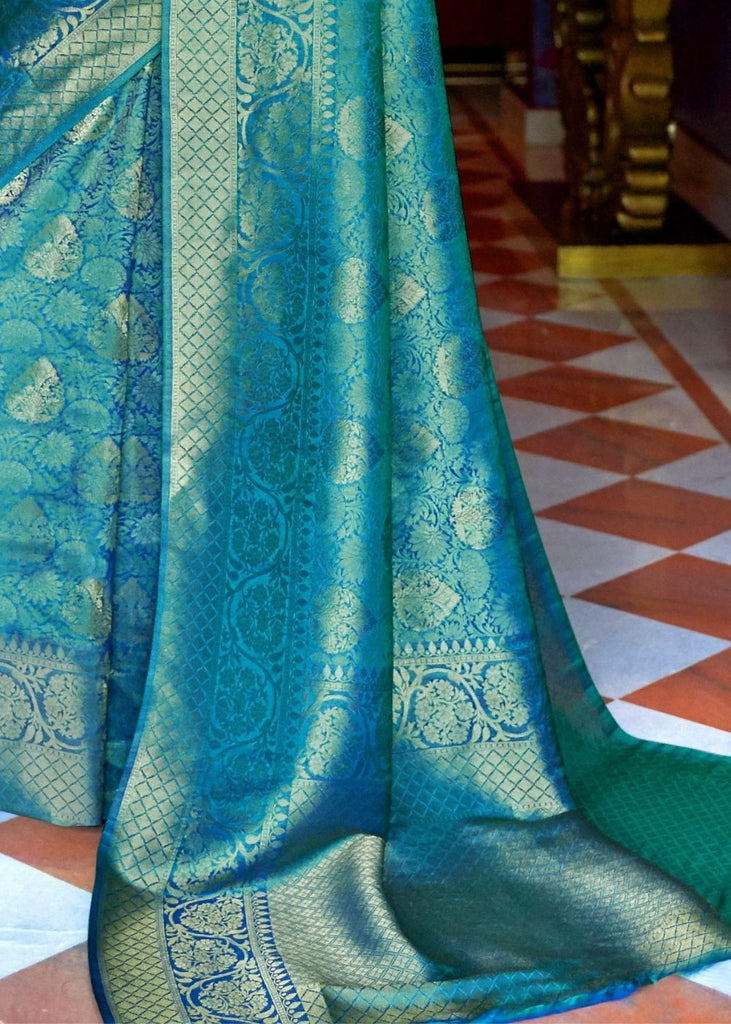 Sapphire Blue and Golden Blend Woven Kanjivaram Soft Silk Saree Clothsvilla