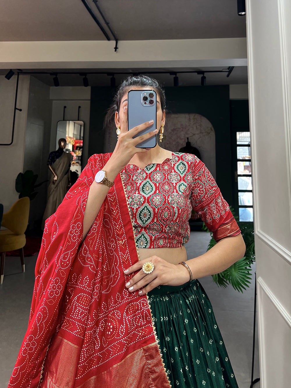 Green Color Bandhani And Ajrakh Print With Foil Work  Dola Silk Chaniya Choli Clothsvilla