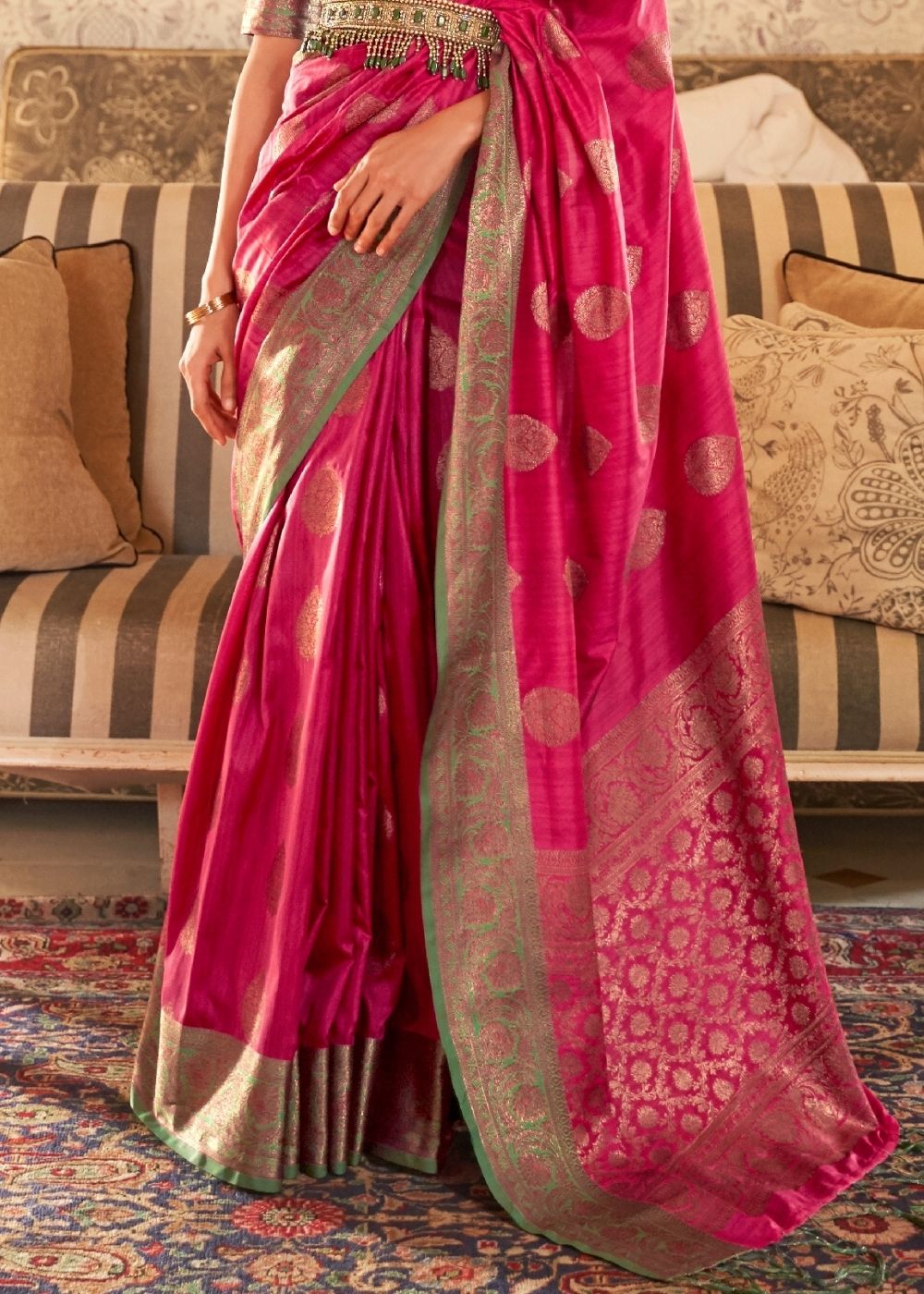Ruby Pink Woven Banarasi Tussar Silk Saree : Top Pick Clothsvilla