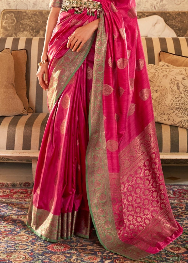 Ruby Pink Woven Banarasi Tussar Silk Saree : Top Pick Clothsvilla