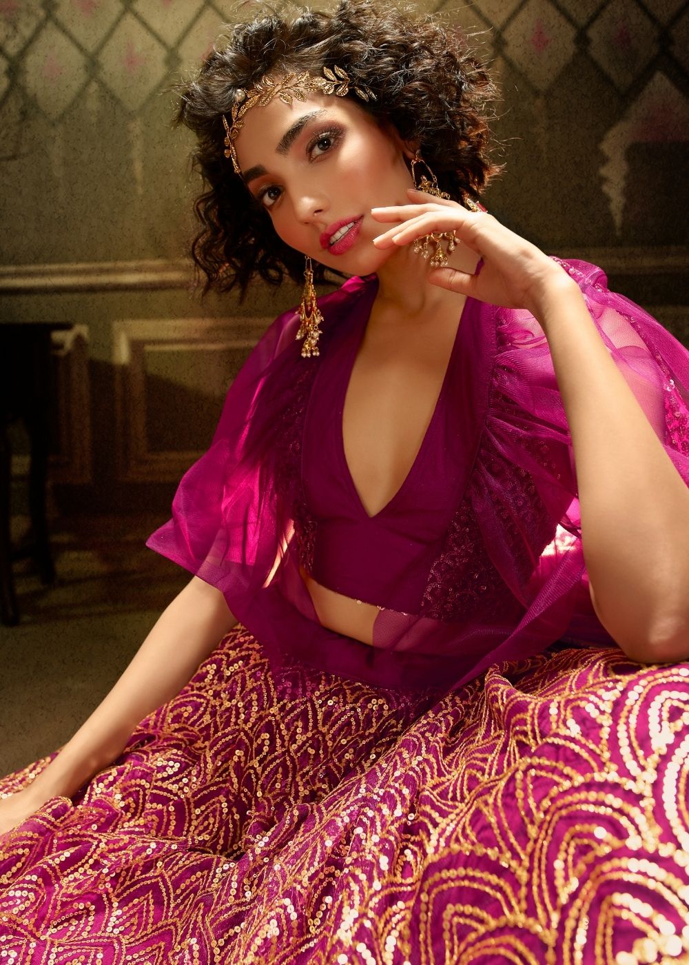 Red Violet Soft Net Designer Lehenga Choli with overall Sequins work Clothsvilla