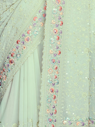Sea Green Georgette Embroidered Saree With Unstitched Blouse Clothsvilla