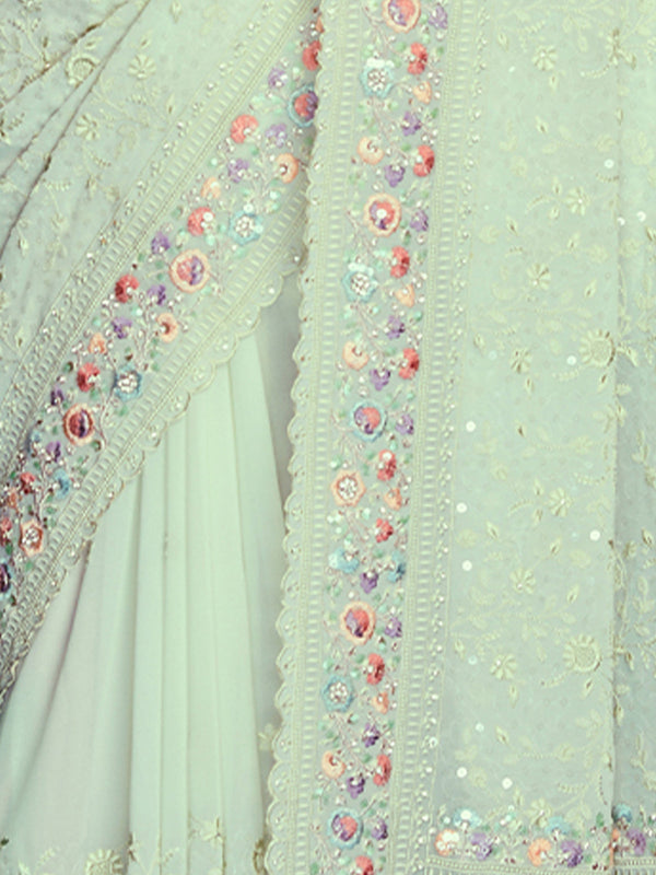 Sea Green Georgette Embroidered Saree With Unstitched Blouse Clothsvilla