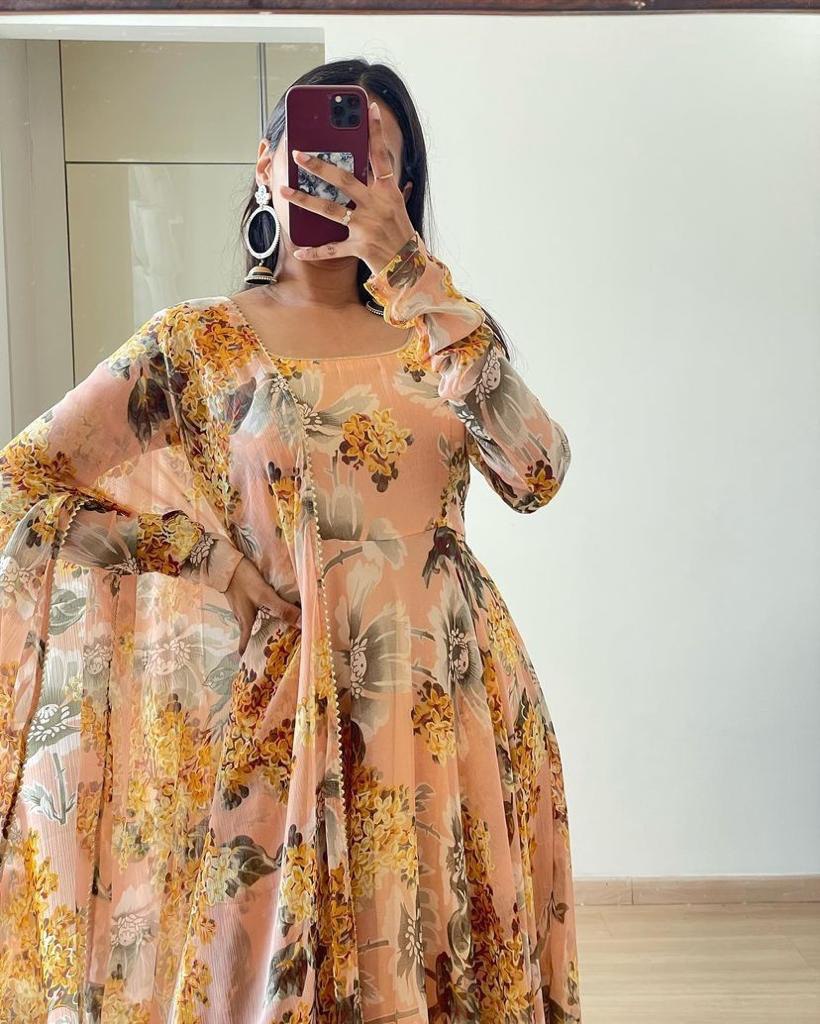 Floral Printed Peach Color Designer Gown Clothsvilla