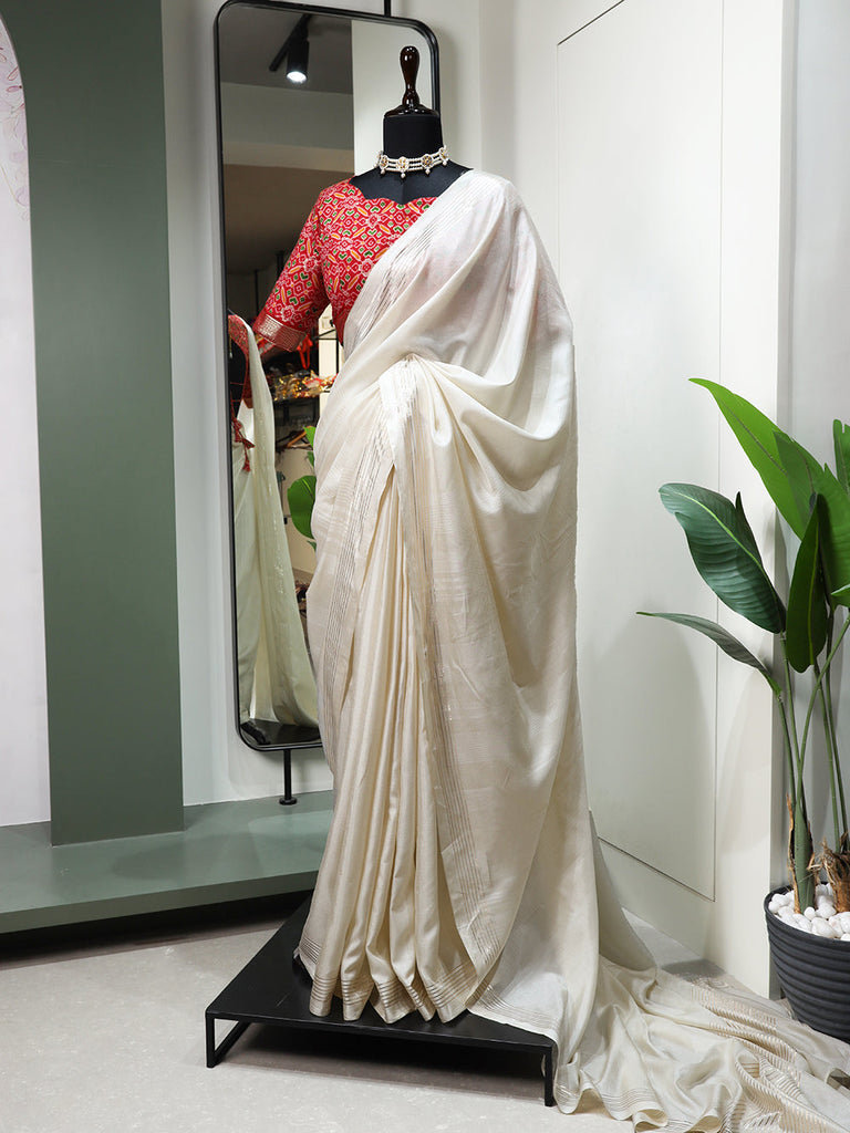 White Color Plain Manipuri Tussar Indian Wedding Saree Clothsvilla
