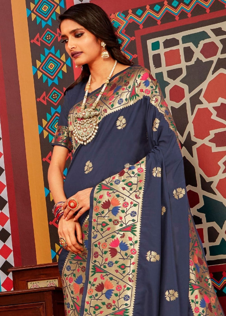 Denim Blue Zari Woven Paithani Silk Saree Clothsvilla