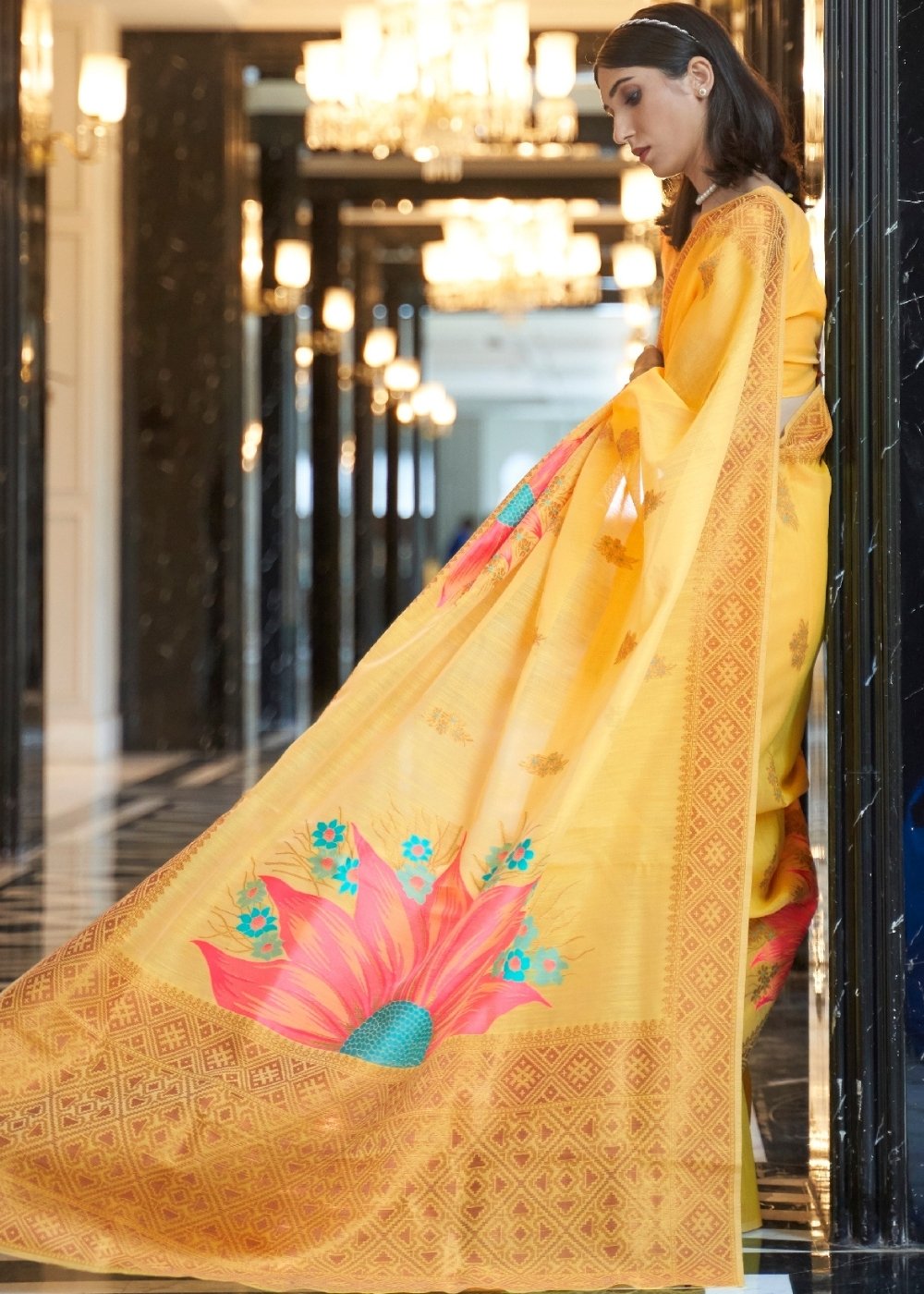 Saffron Yellow Zari Woven Linen Silk Saree Clothsvilla