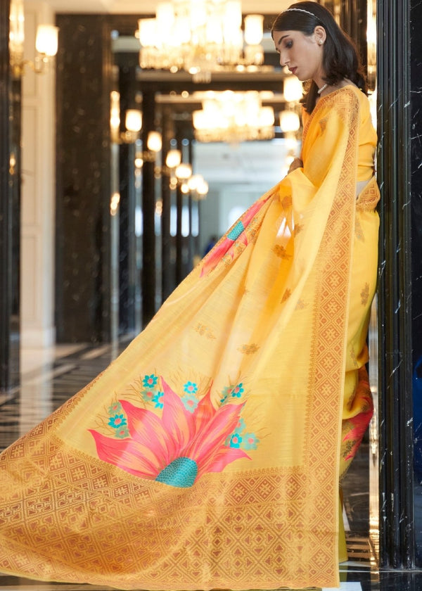 Saffron Yellow Zari Woven Linen Silk Saree Clothsvilla