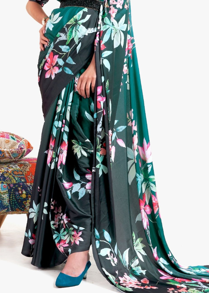 Teal Green Digital Printed Satin Crepe Saree Clothsvilla