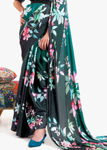 Load image into Gallery viewer, Teal Green Digital Printed Satin Crepe Saree Clothsvilla