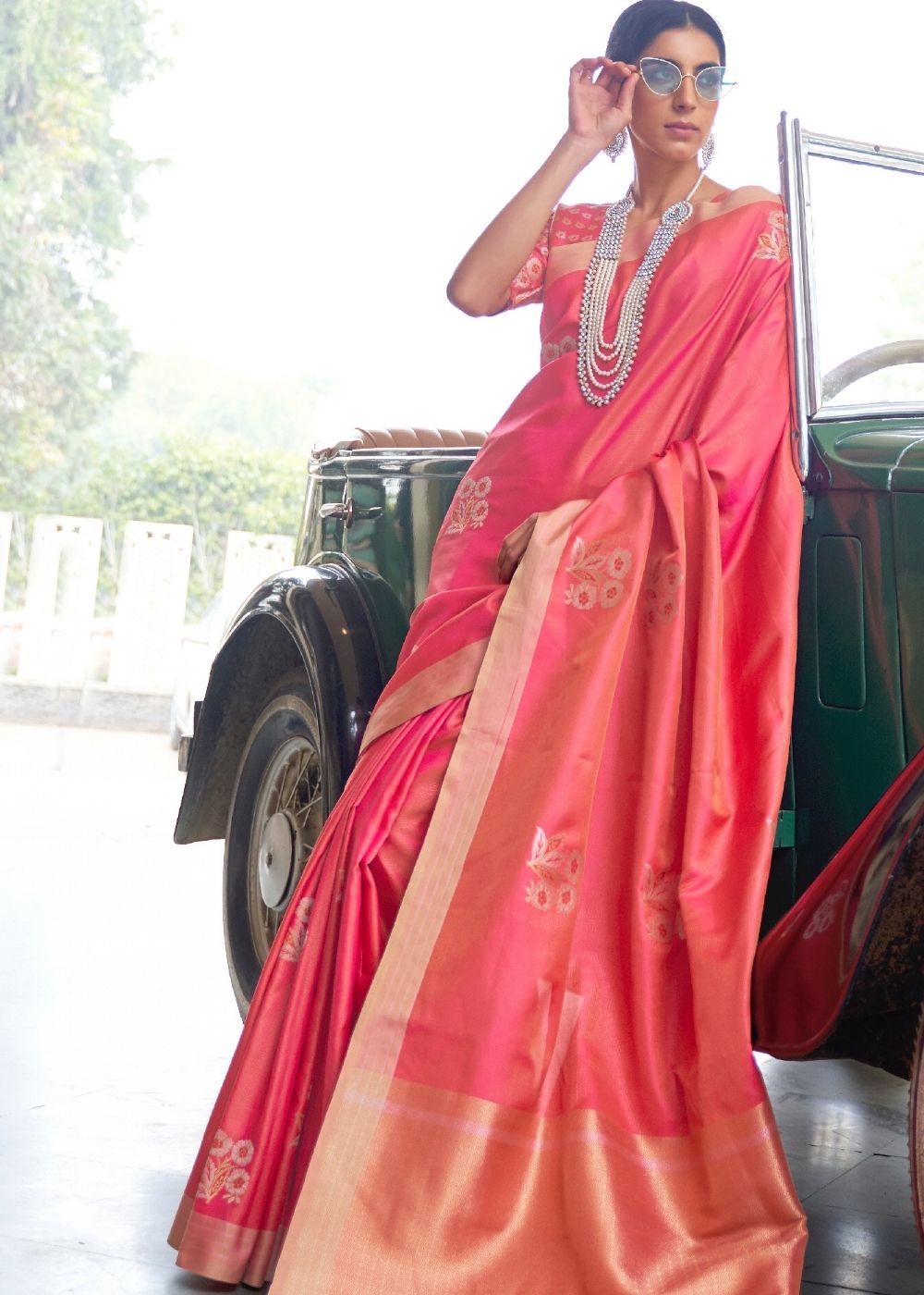 French Rose Pink Zari Butta Banarasi-Chanderi Fusion Silk Saree Clothsvilla Main image