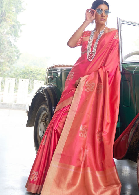 French Rose Pink Zari Butta Banarasi-Chanderi Fusion Silk Saree Clothsvilla Main image