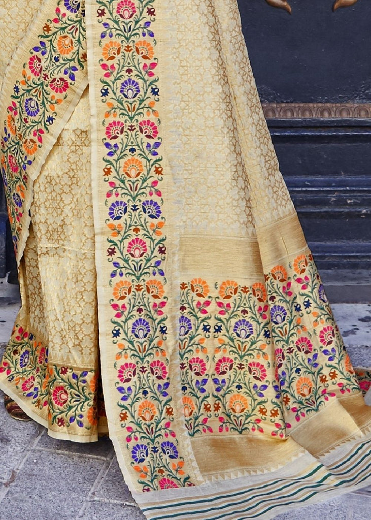 Cream and Golden Blend Silk Saree with Floral Woven Border and Pallu Clothsvilla